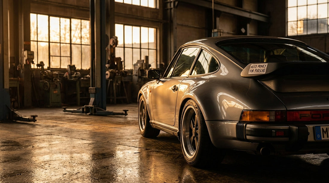 Porsche 911 clásico en garage con sticker Need Money for Porsche · Drive Gear