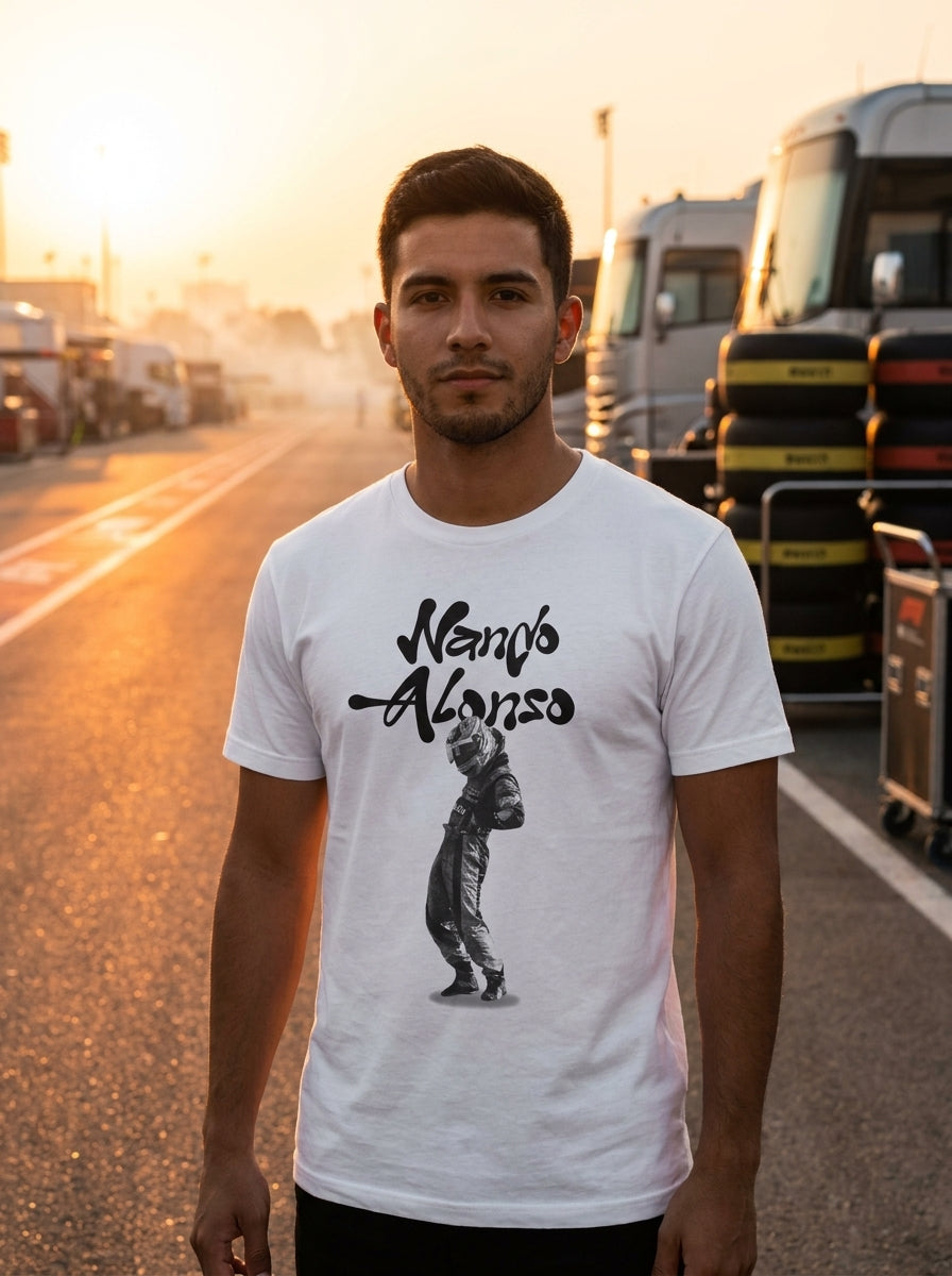 Modelo hombre con playera Nando Alonso F1 en pit lane · Nuevos lanzamientos Drive Gear