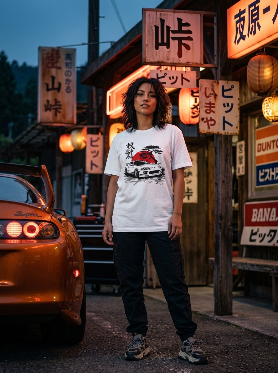Modelo mujer con playera Toyota Supra A80 en pit japonés · Camisetas de Autos Drive Gear