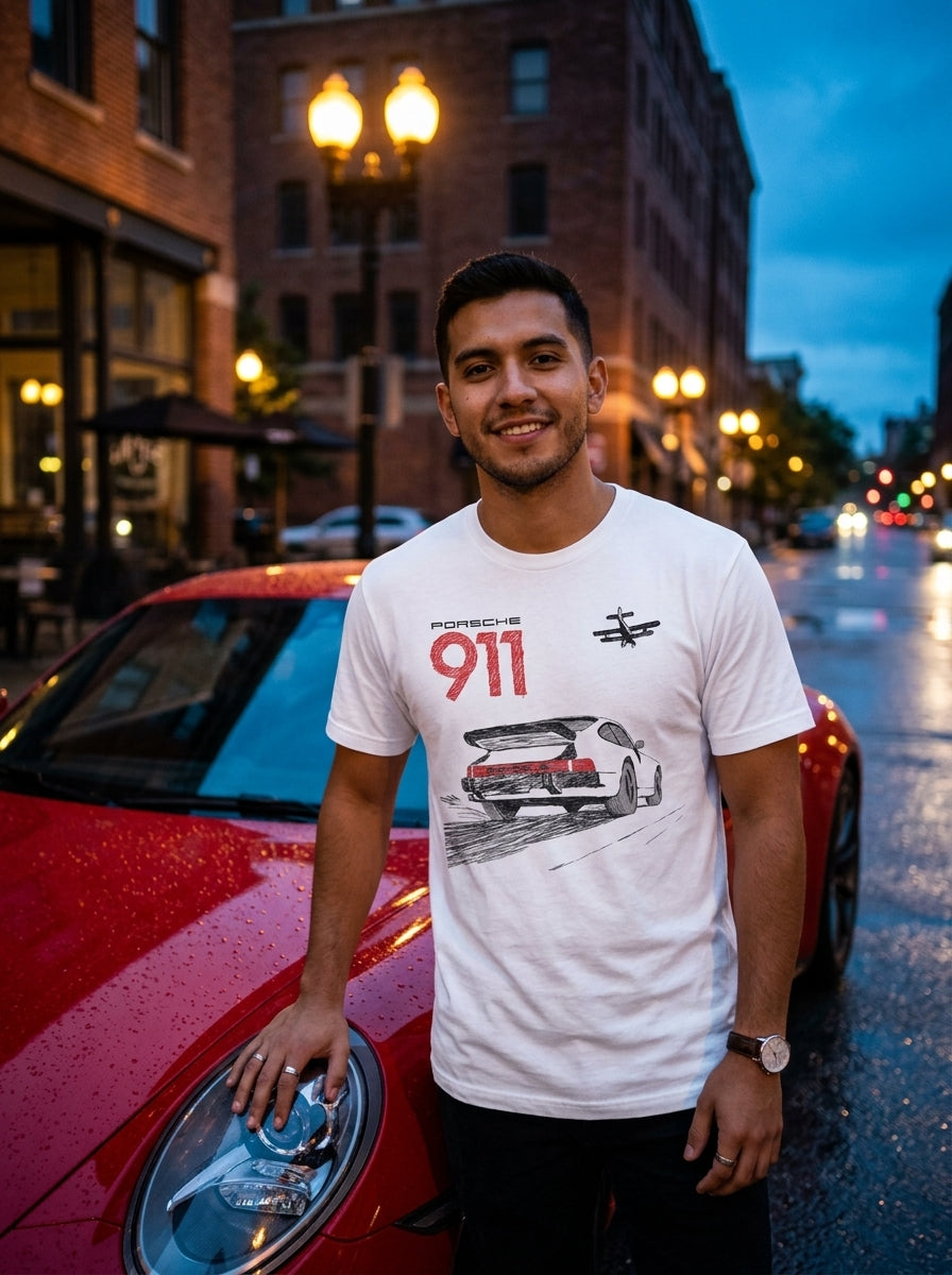 Modelo hombre con playera 911 Porsche junto a Porsche rojo · Colección Porsche Drive Gear