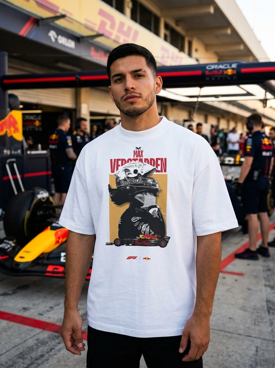 Modelo hombre con oversize Max Verstappen en paddock Red Bull · Max Verstappen Merch Drive Gear