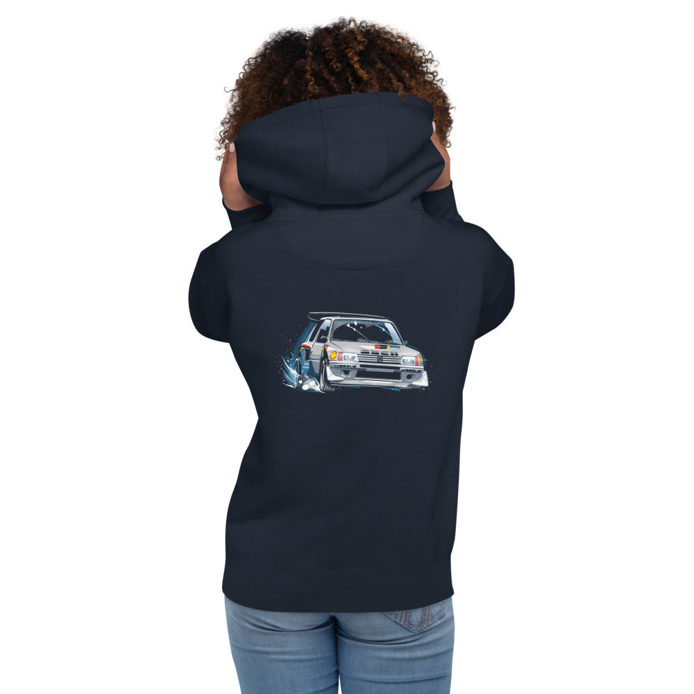 Hoodie Peugeot 205 Turbo 16 Rally Snow Drift - Modelo femenina espalda