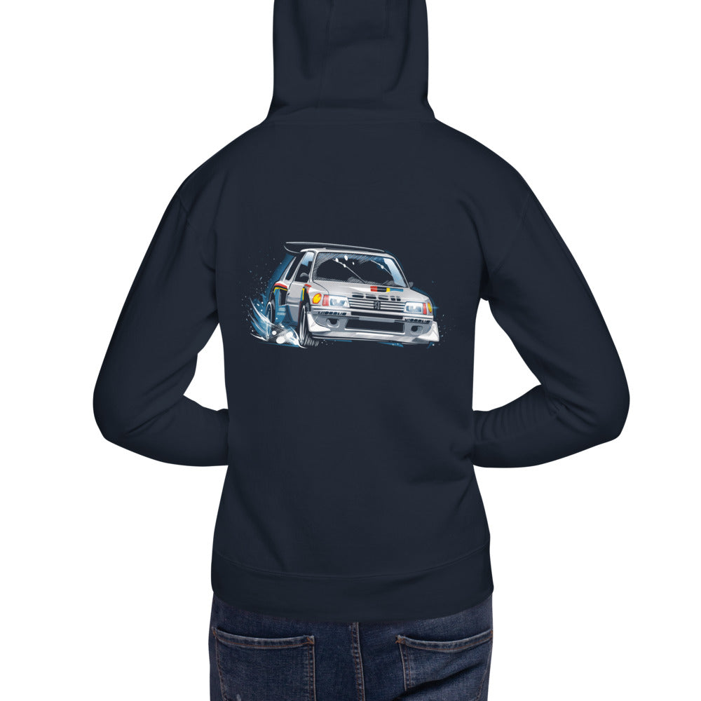 Hoodie Peugeot 205 Turbo 16 Rally Snow Drift - Modelo masculino espalda