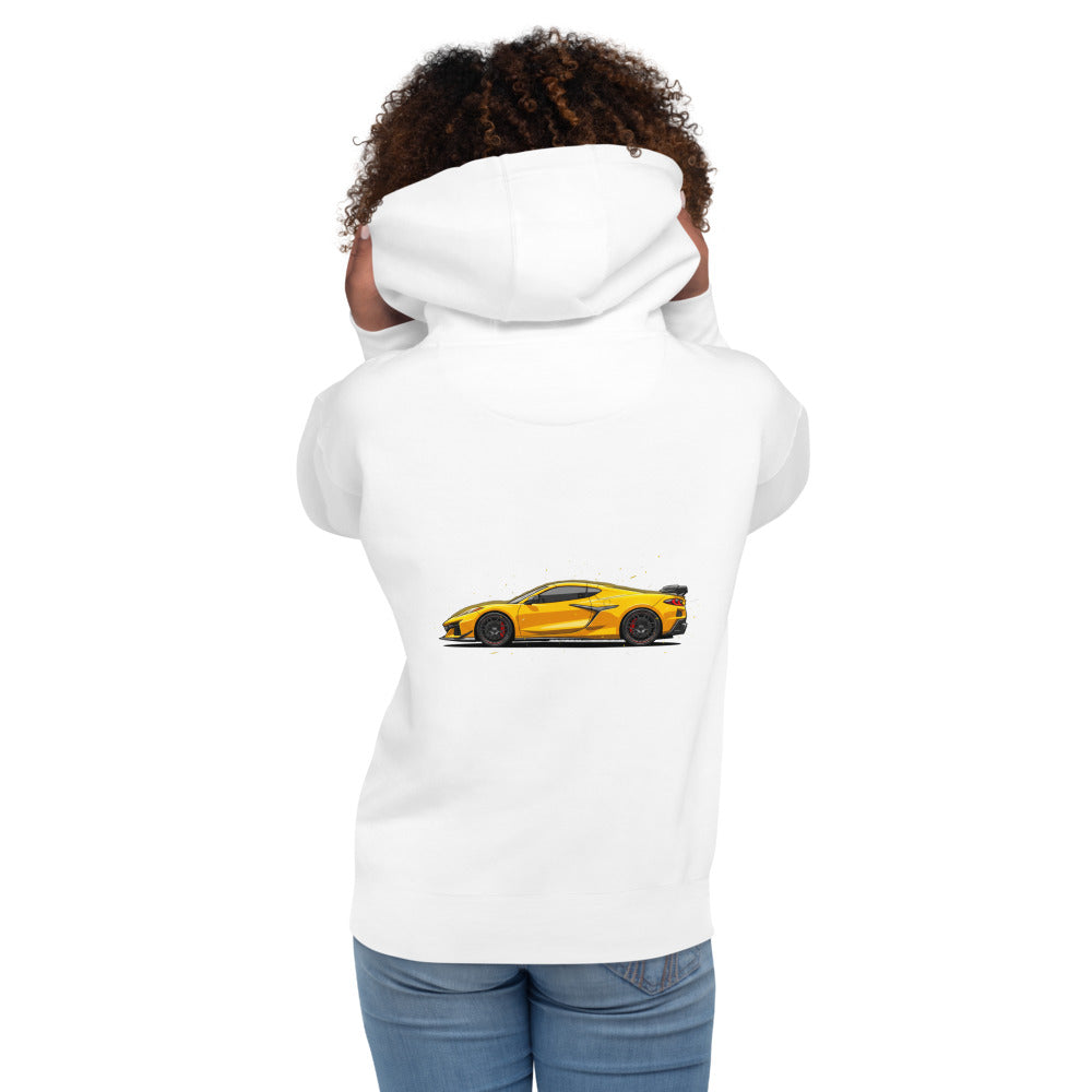 Hoodie Corvette C8 Yellow Red Calipers - Modelo femenina espalda