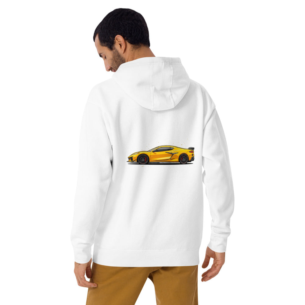 Hoodie Corvette C8 Yellow Red Calipers - Modelo masculino espalda alterna