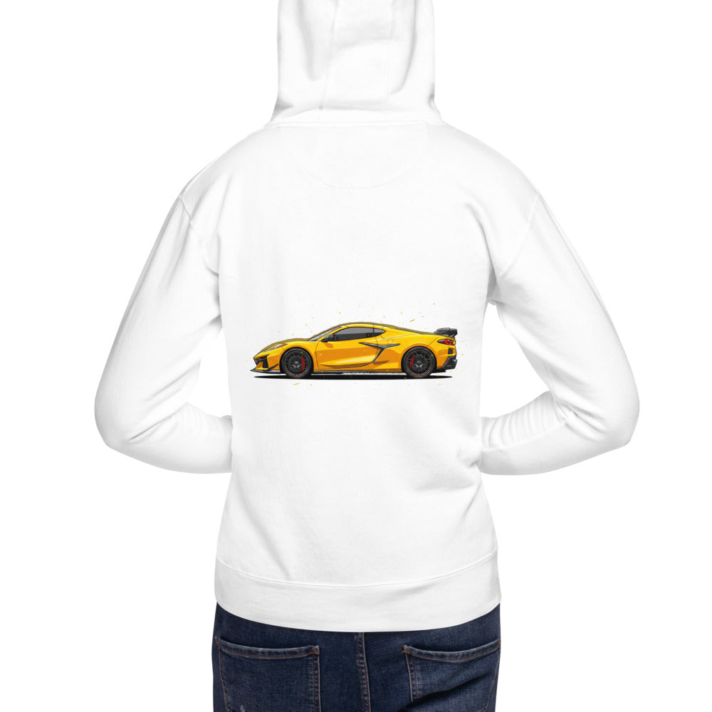 Hoodie Corvette C8 Yellow Red Calipers - Modelo masculino espalda