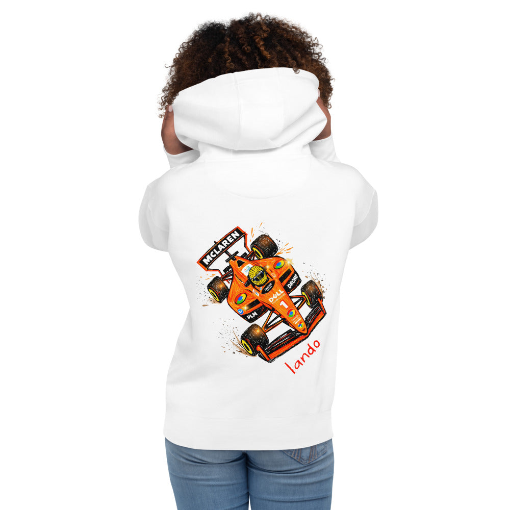 Hoodie Lando McLaren F1 Orange Car Sketch - Modelo femenina espalda