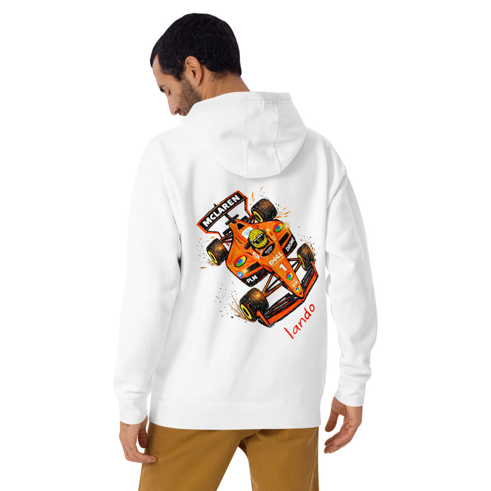 Hoodie Lando McLaren F1 Orange Car Sketch - Modelo masculino espalda alterna