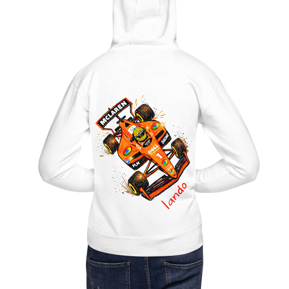 Hoodie Lando McLaren F1 Orange Car Sketch - Modelo masculino espalda