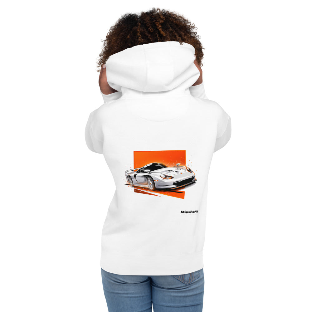 Hoodie Porsche 911 GT1 White Orange Sparks - Modelo femenina espalda
