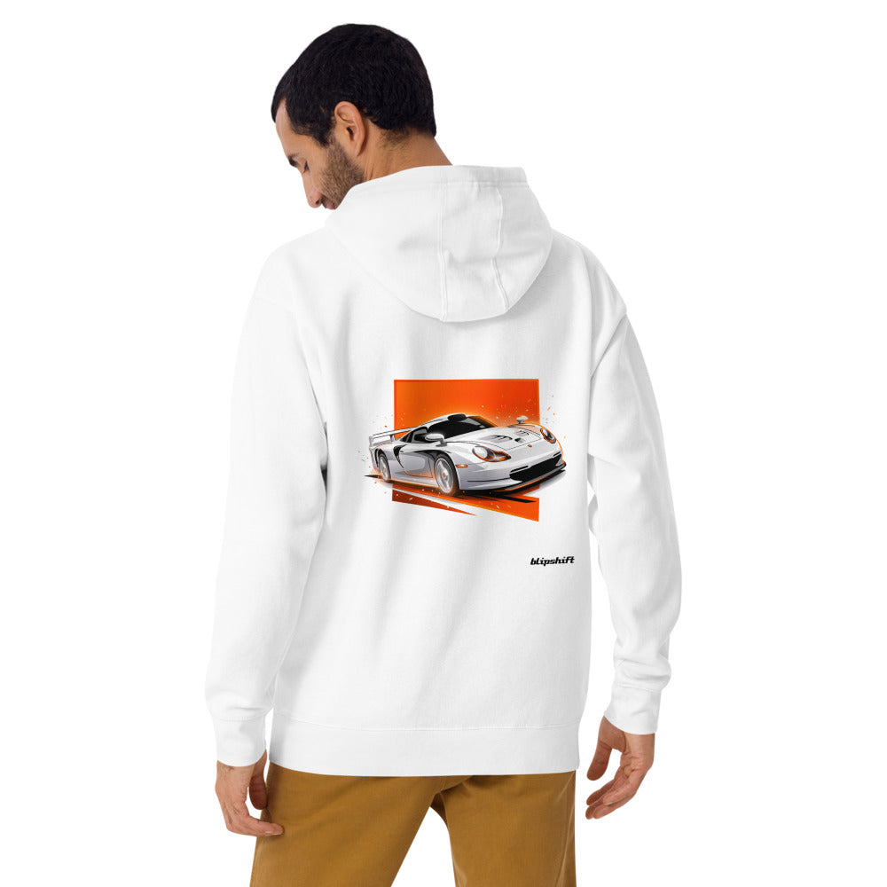 Hoodie Porsche 911 GT1 White Orange Sparks - Modelo masculino espalda alterna