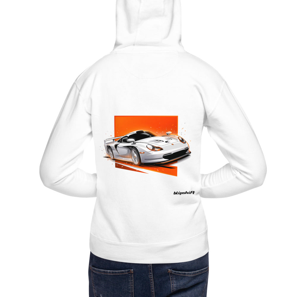 Hoodie Porsche 911 GT1 White Orange Sparks - Modelo masculino espalda