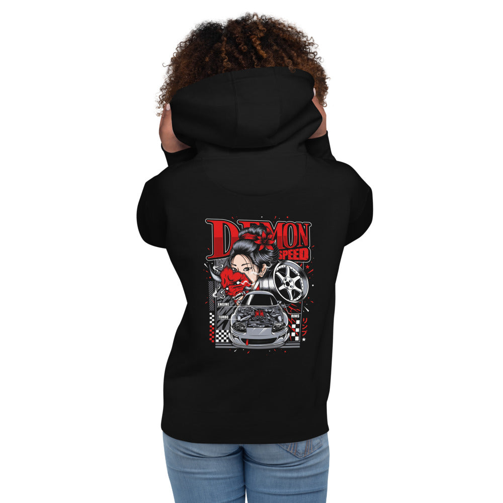 Hoodie Demon Speed Oni Mask JDM Tuner - Modelo femenina espalda