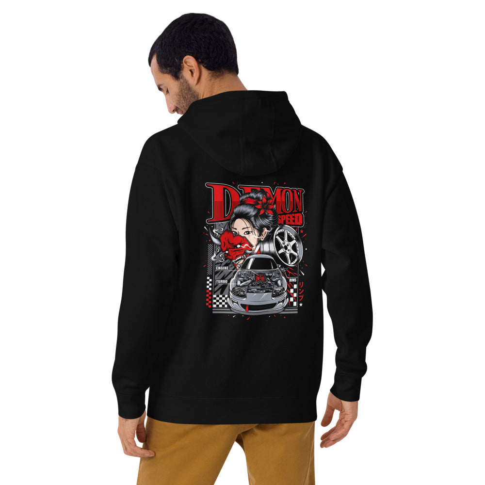 Hoodie Demon Speed Oni Mask JDM Tuner - Modelo masculino espalda alterna