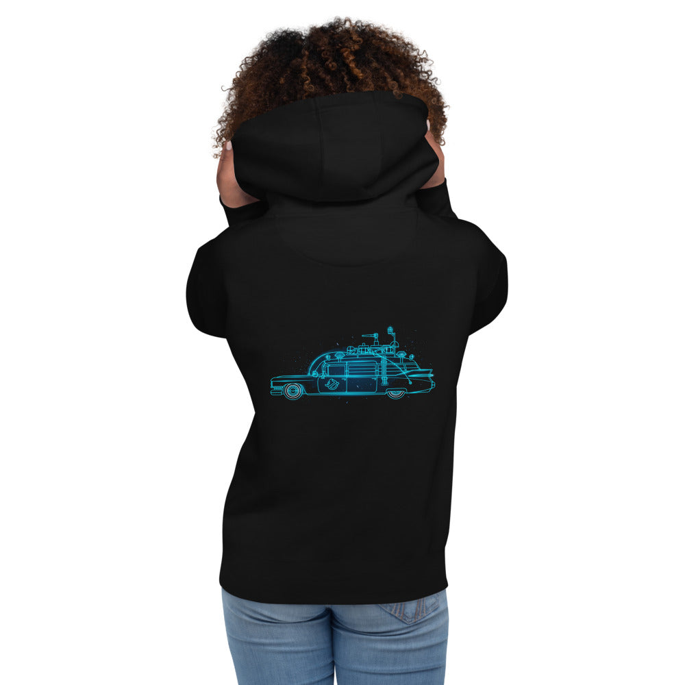 Hoodie Ghostbusters Ecto-1 Neon Cyan Outline - Modelo femenina espalda