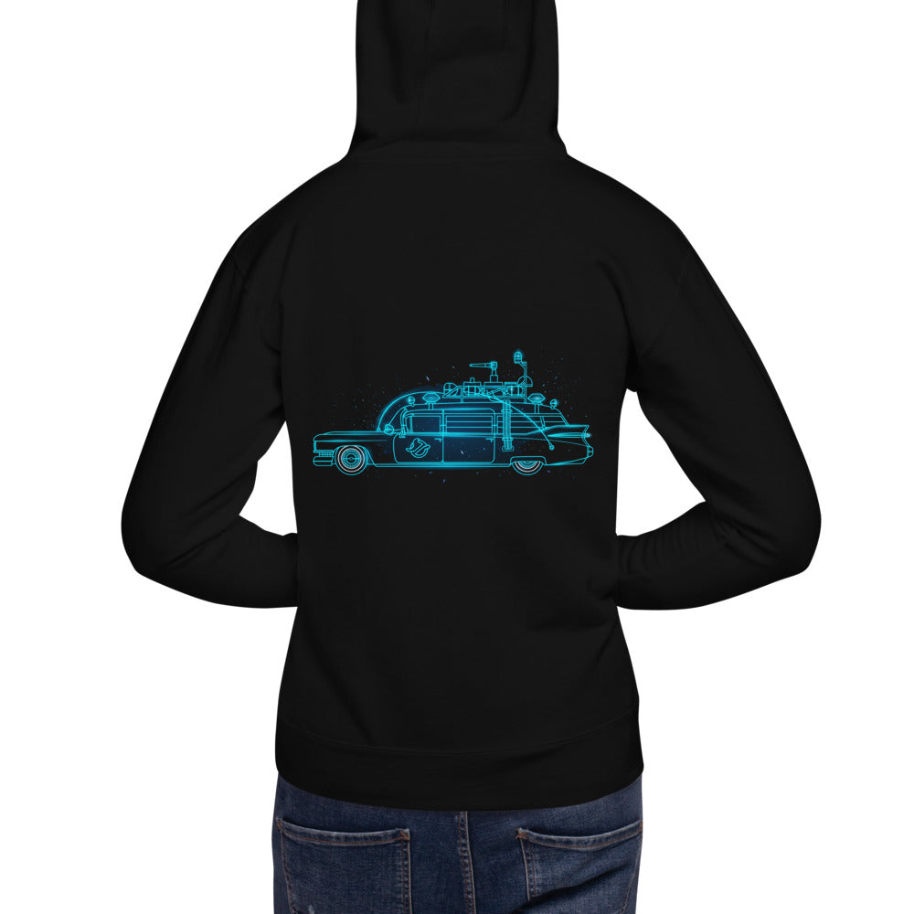 Hoodie Ghostbusters Ecto-1 Neon Cyan Outline - Modelo masculino espalda