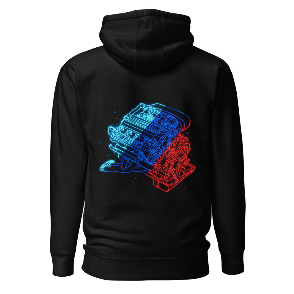 Hoodie Neon Car Engine Cyan Blue Red Stripes - Espalda