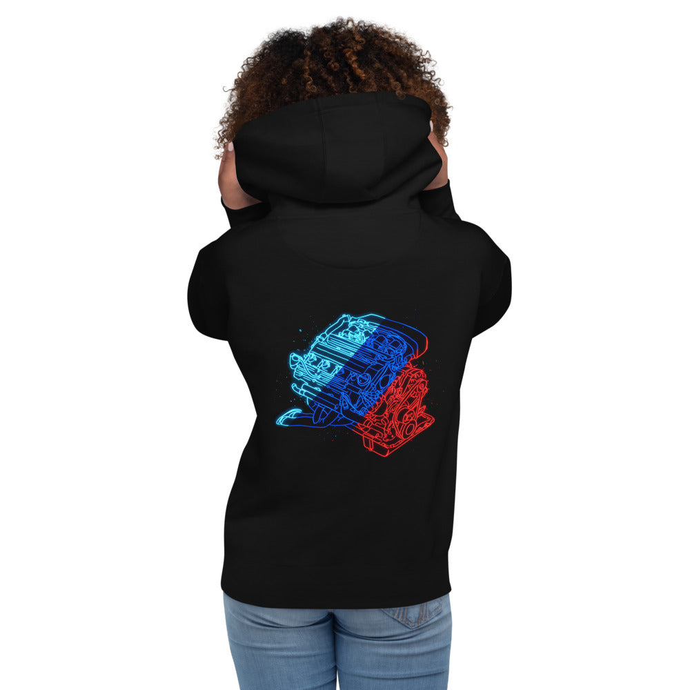 Hoodie Neon Car Engine Cyan Blue Red Stripes - Modelo femenina espalda