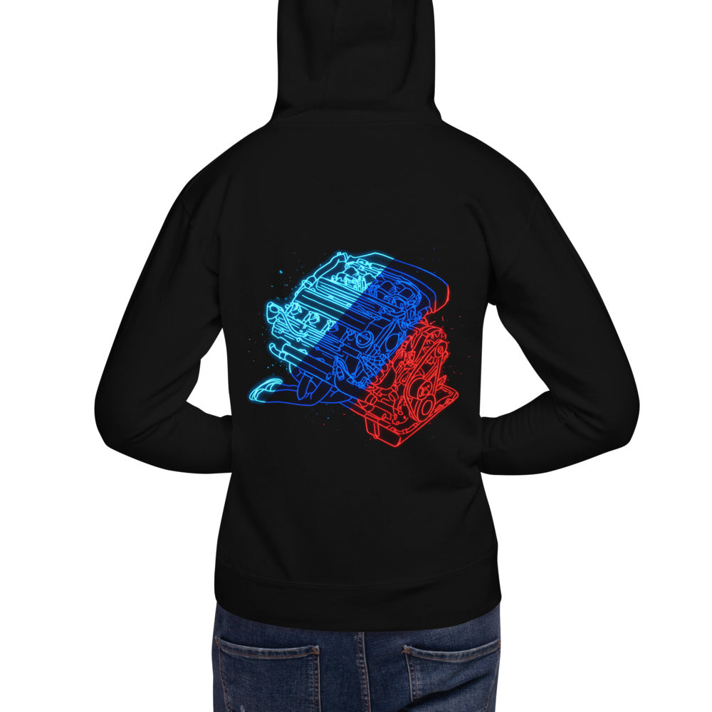 Hoodie Neon Car Engine Cyan Blue Red Stripes - Modelo masculino espalda