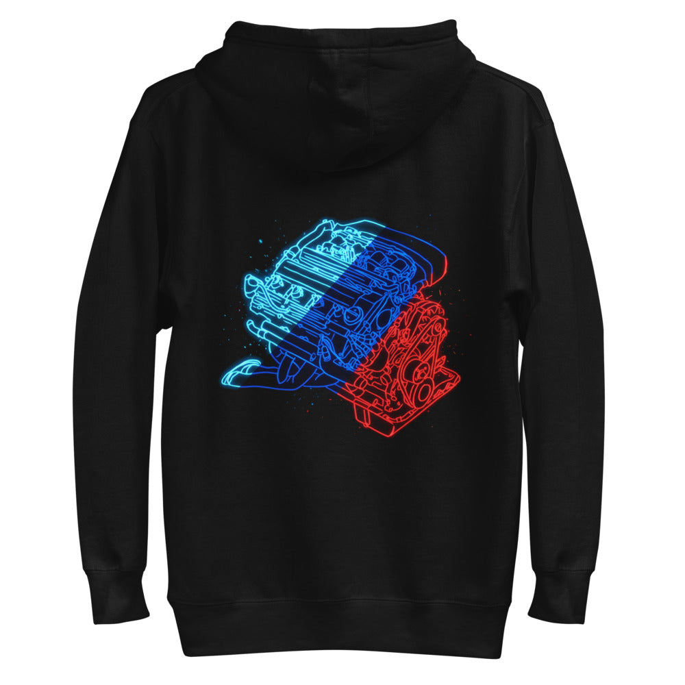 Hoodie Neon Car Engine Cyan Blue Red Stripes - Plano espalda