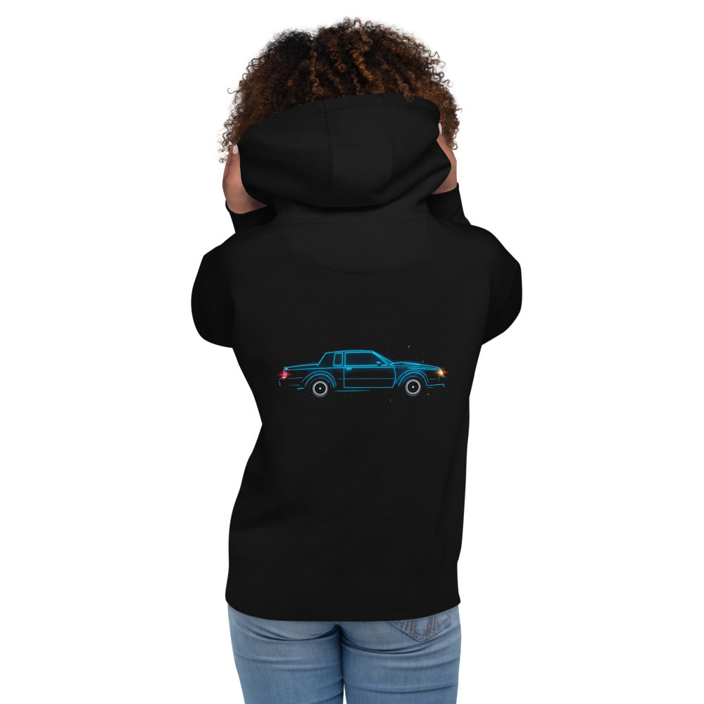 Hoodie Neon Cyan 80s Coupe Red Taillight Glow - Modelo femenina espalda