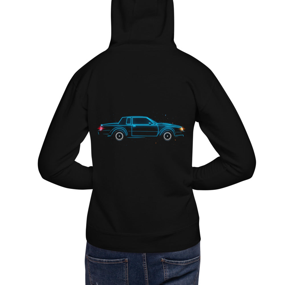 Hoodie Neon Cyan 80s Coupe Red Taillight Glow - Modelo masculino espalda
