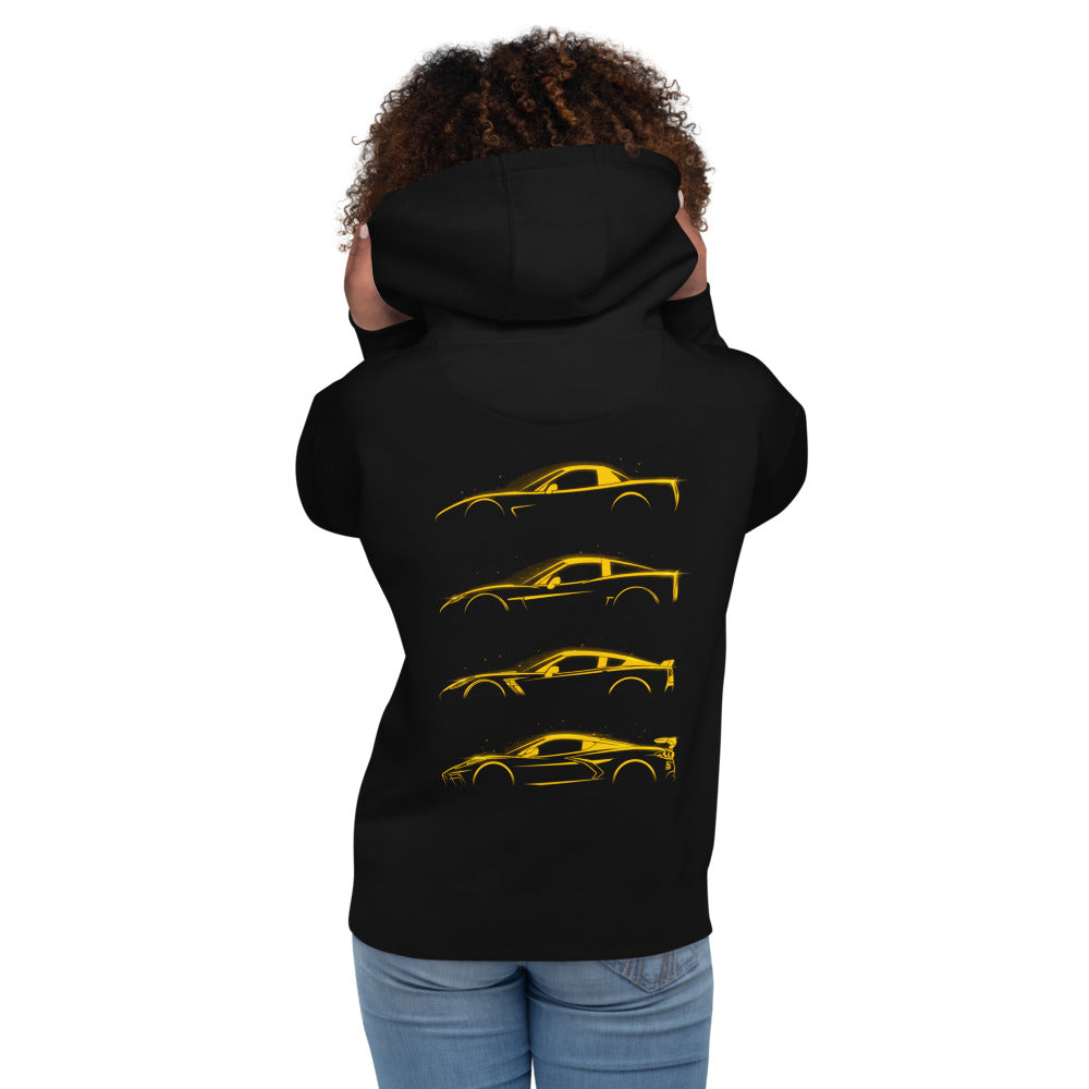 Hoodie Neon Yellow Sports Car Evolution Silhouettes - Modelo femenina espalda