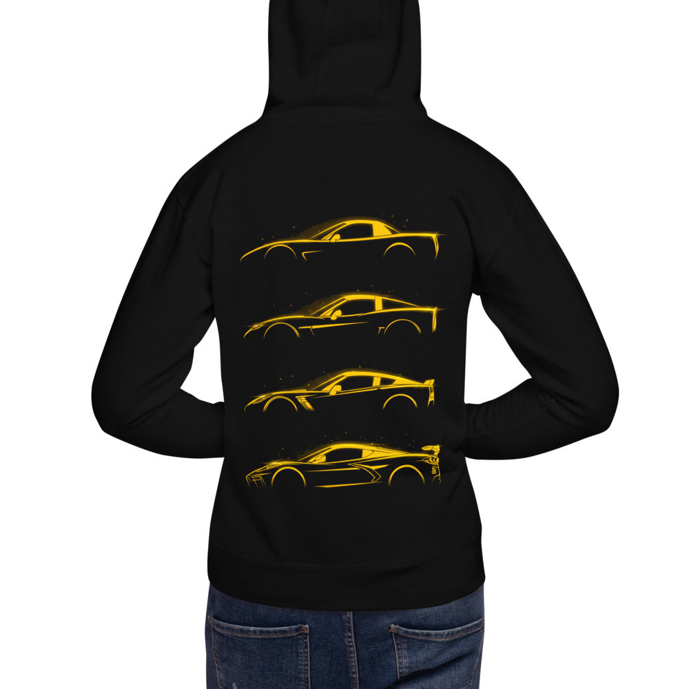 Hoodie Neon Yellow Sports Car Evolution Silhouettes - Modelo masculino espalda
