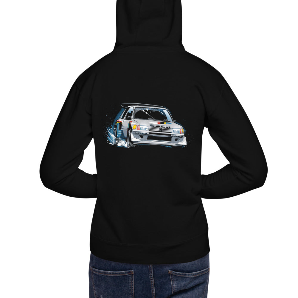 Hoodie Peugeot 205 Turbo 16 Rally Snow Drift - Modelo masculino espalda