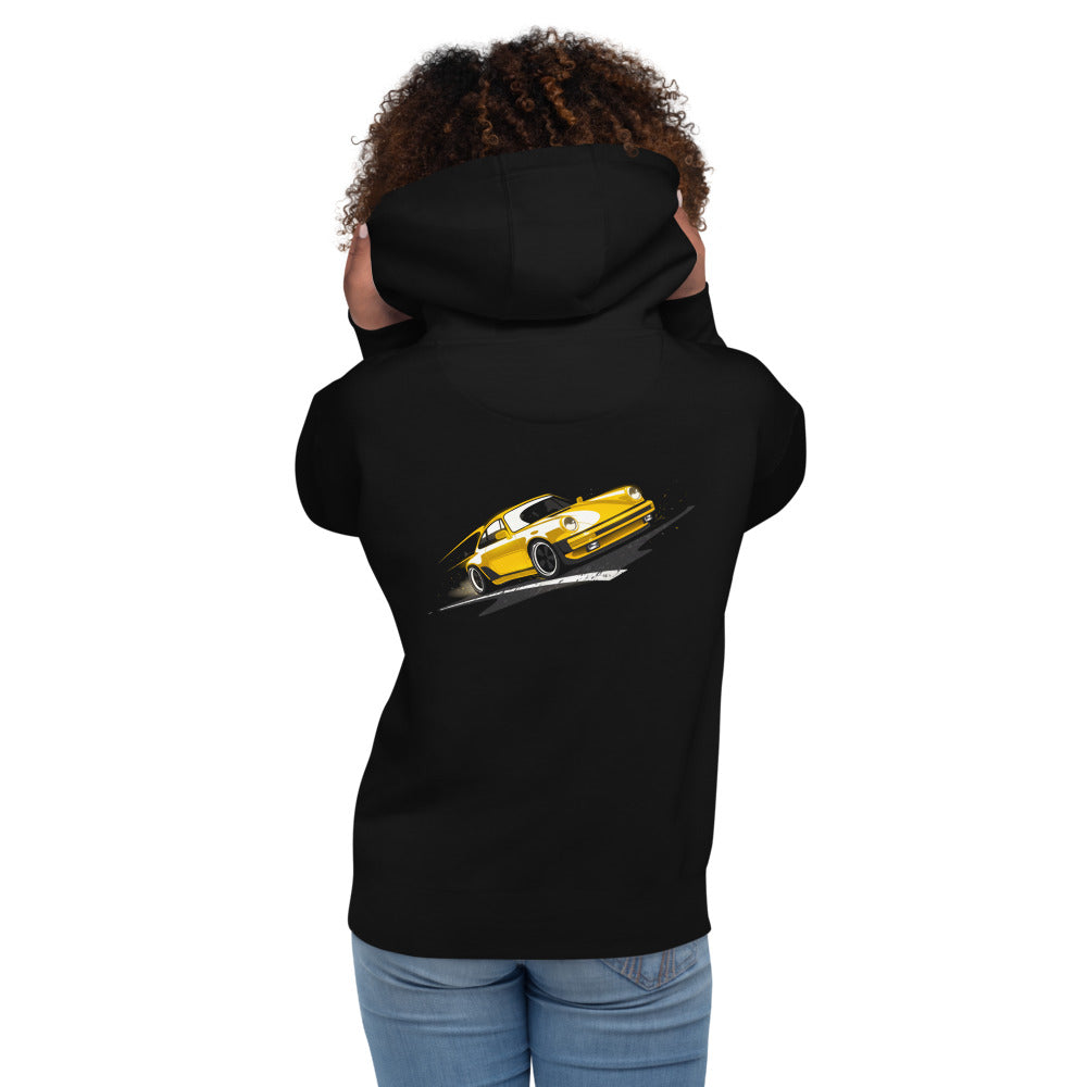 Hoodie Porsche 911 Yellow Classic Road Streak - Modelo femenina espalda