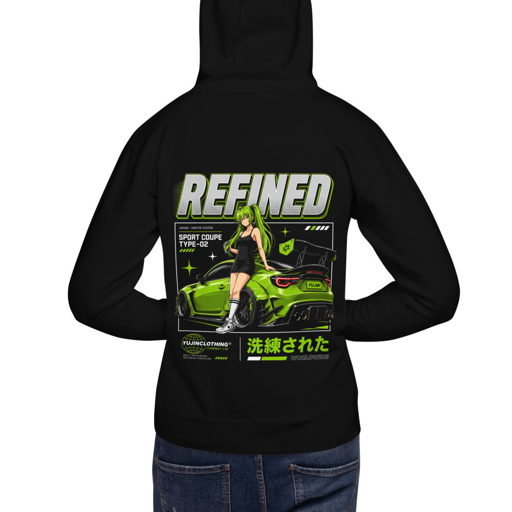 Hoodie Refined Green Widebody Coupe Anime Girl - Modelo masculino espalda