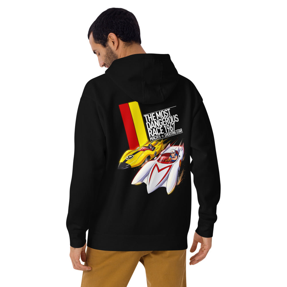Hoodie Speed Racer Mach 5 Vs Shooting Star - Modelo masculino espalda alterna