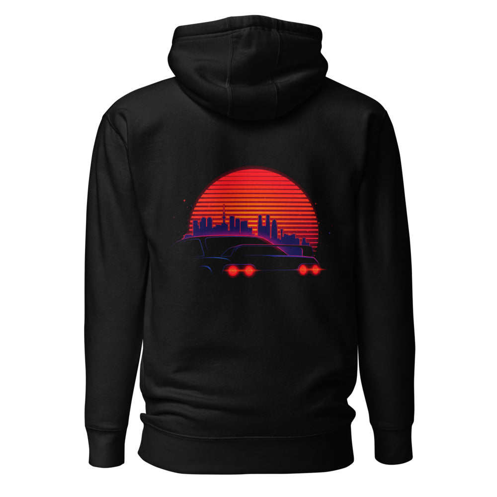 Hoodie Synthwave Neon Cars Orange Sun Skyline - Espalda