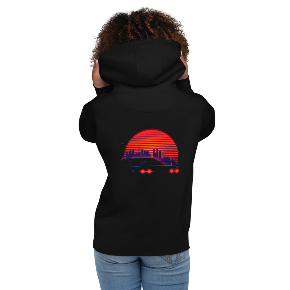 Hoodie Synthwave Neon Cars Orange Sun Skyline - Modelo femenina espalda