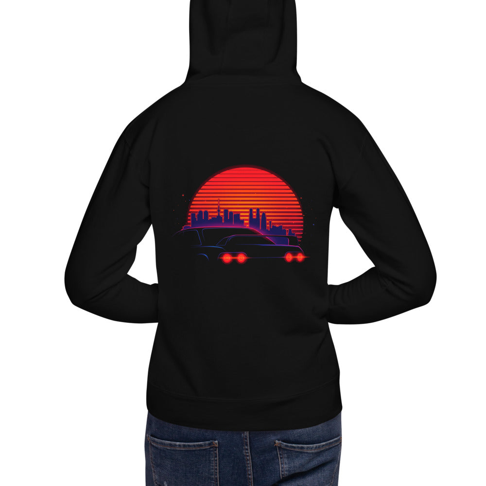 Hoodie Synthwave Neon Cars Orange Sun Skyline - Modelo masculino espalda