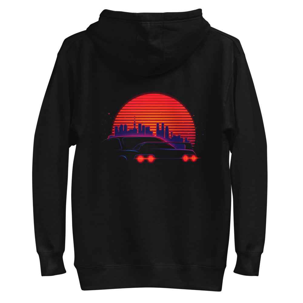 Hoodie Synthwave Neon Cars Orange Sun Skyline - Plano espalda