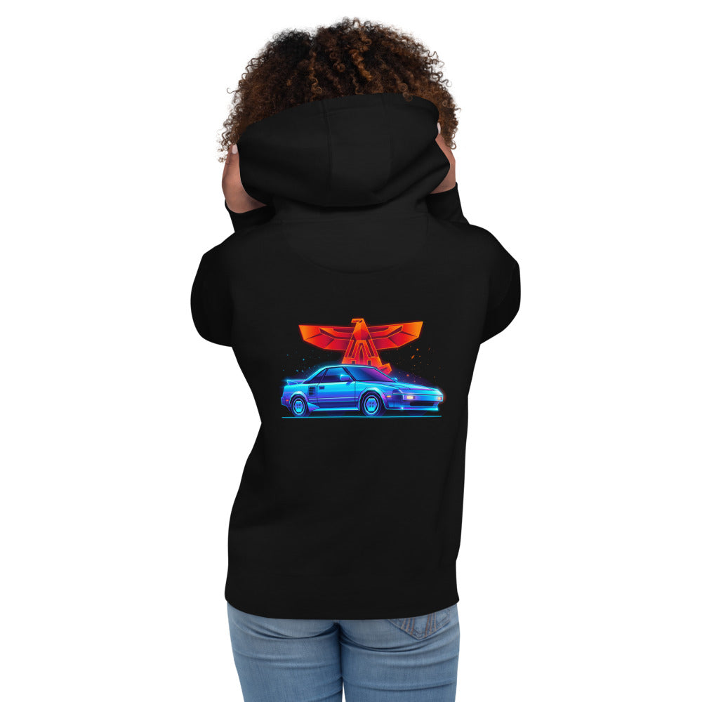 Hoodie Toyota MR2 Synthwave Neon Eagle - Modelo femenina espalda
