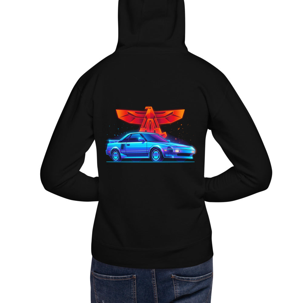 Hoodie Toyota MR2 Synthwave Neon Eagle - Modelo masculino espalda
