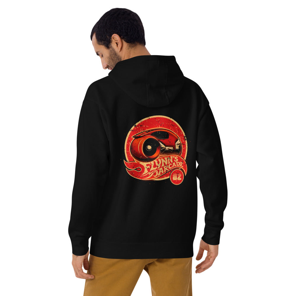 Hoodie Tron Flynn's Arcade Red Light Cycle - Modelo masculino espalda alterna