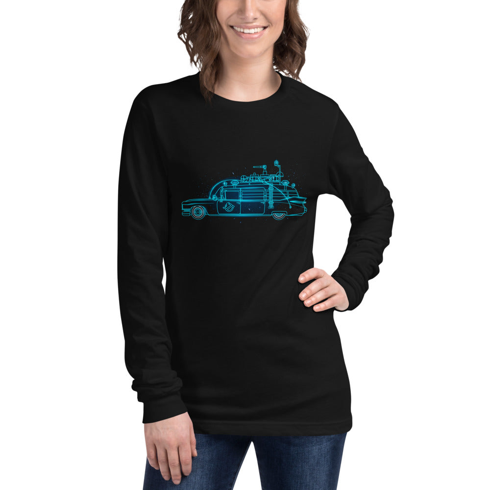 Manga Larga Ghostbusters Ecto-1 Neon Cyan Outline - Modelo femenina