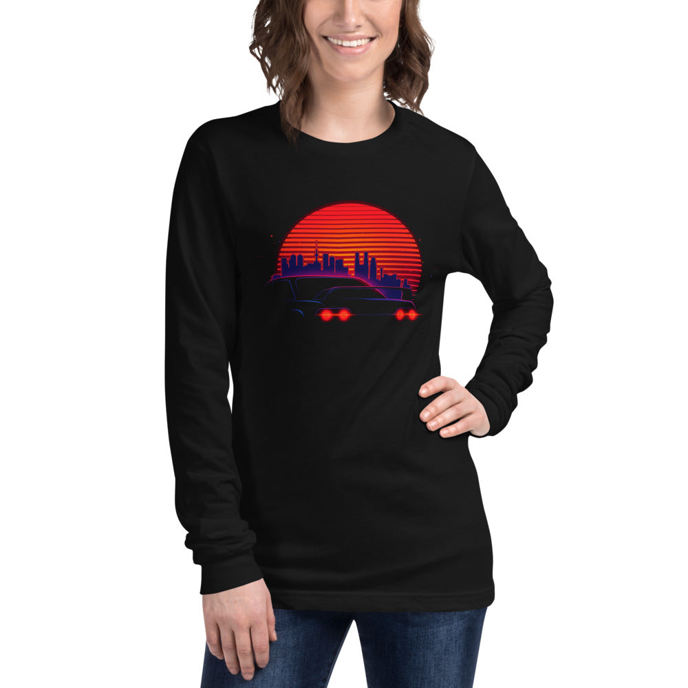 Manga Larga Synthwave Neon Cars Orange Sun Skyline - Modelo femenina