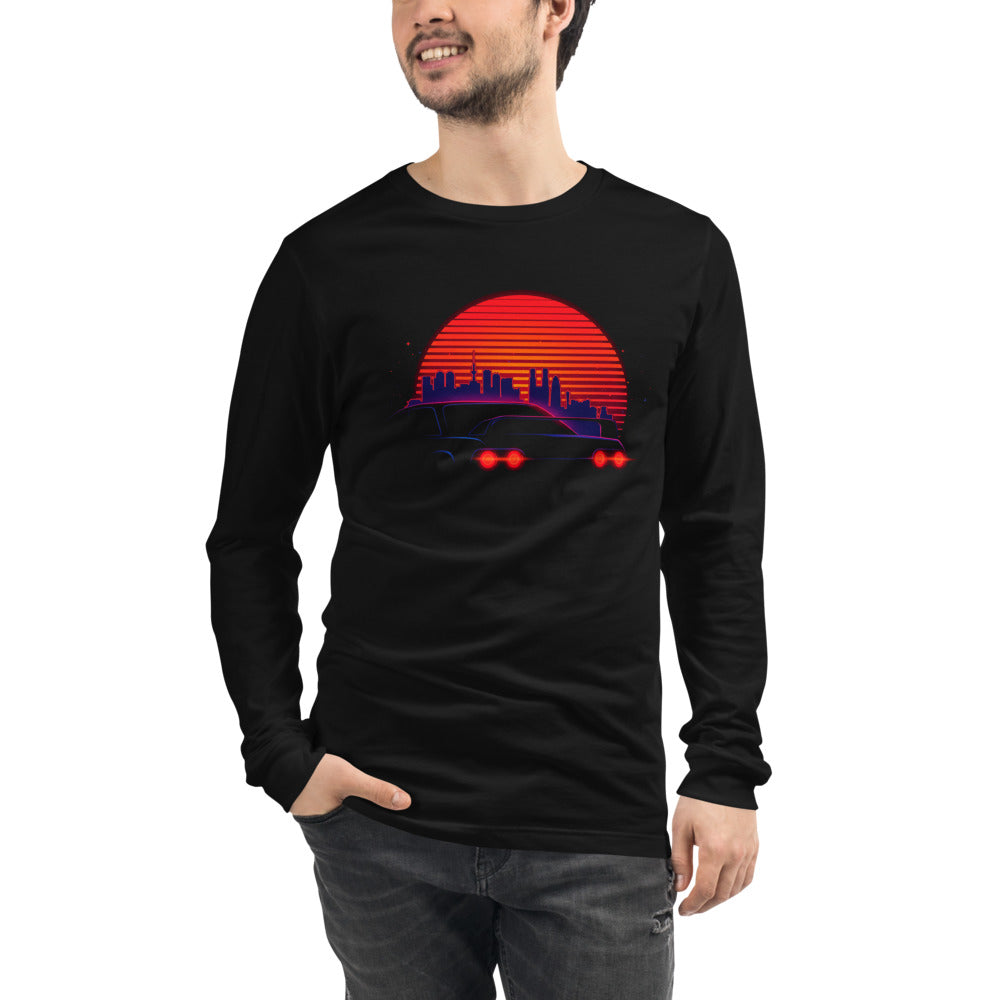 Manga Larga Synthwave Neon Cars Orange Sun Skyline - Modelo masculino