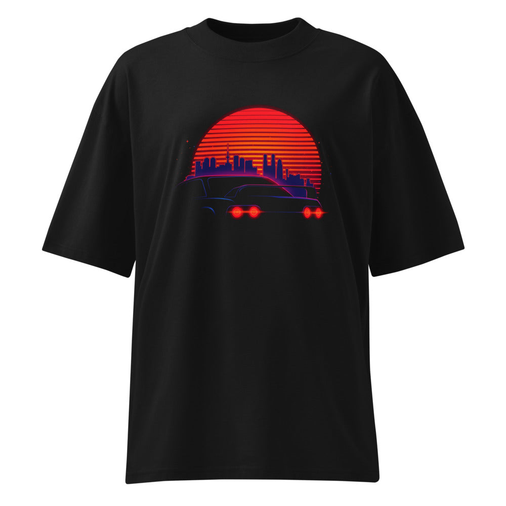 Oversize Synthwave Neon Cars Orange Sun Skyline - Frente fantasma