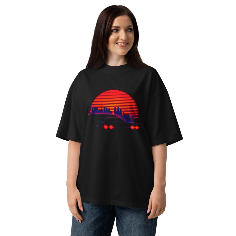 Oversize Synthwave Neon Cars Orange Sun Skyline - Modelo femenina