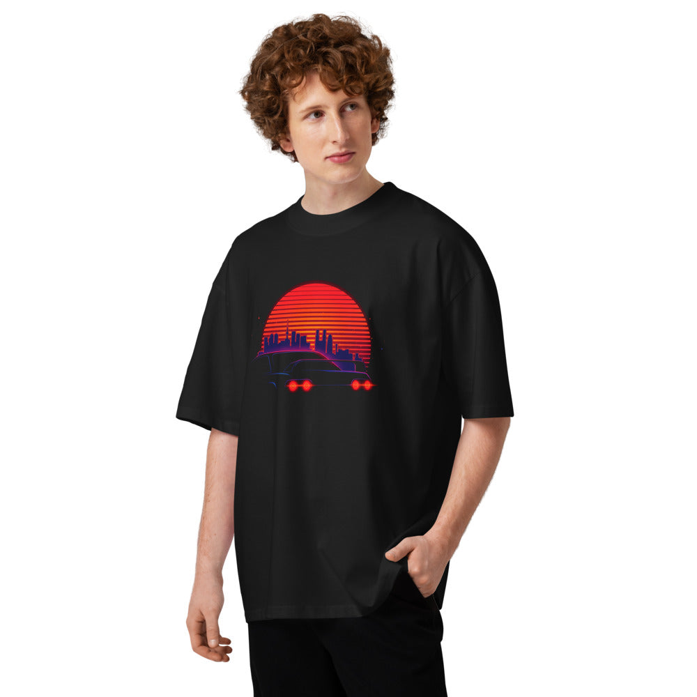 Oversize Synthwave Neon Cars Orange Sun Skyline - Modelo masculino