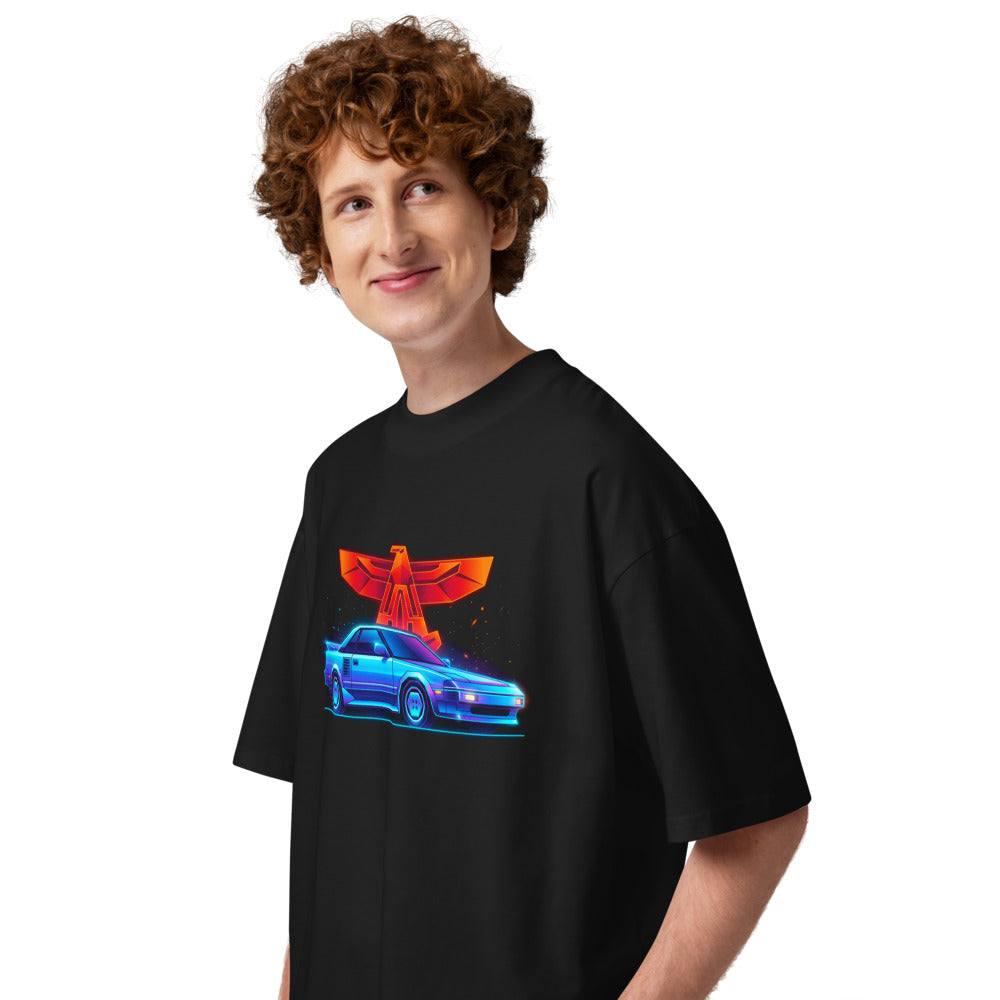 Oversize Toyota MR2 Synthwave Neon Eagle - Modelo masculino lateral