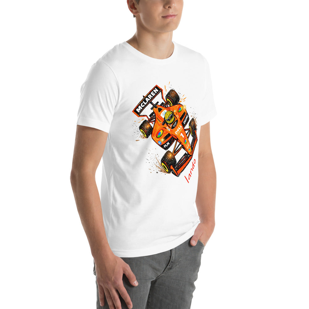 Playera Lando McLaren F1 Orange Car Sketch - Modelo masculino lateral