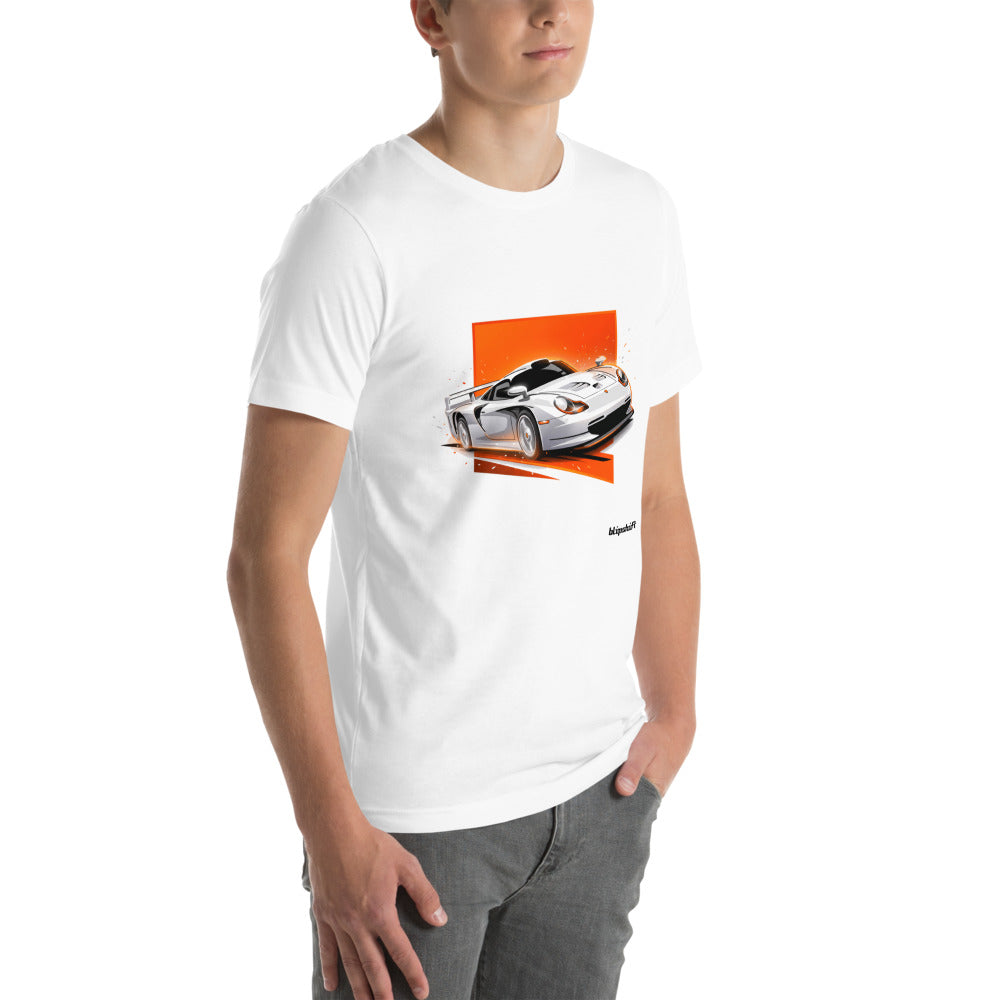 Playera Porsche 911 GT1 White Orange Sparks - Modelo masculino lateral