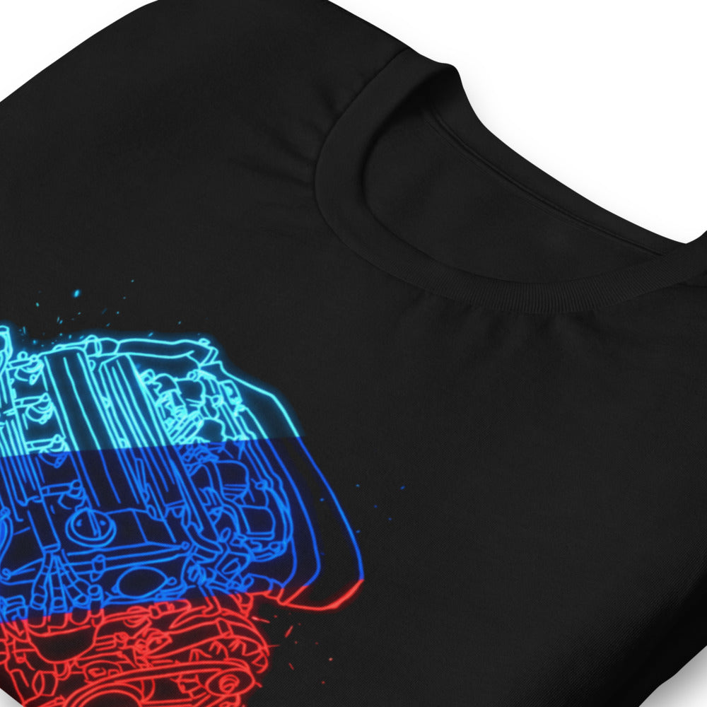 Playera Neon Car Engine Cyan Blue Red Stripes - Doblado zoom