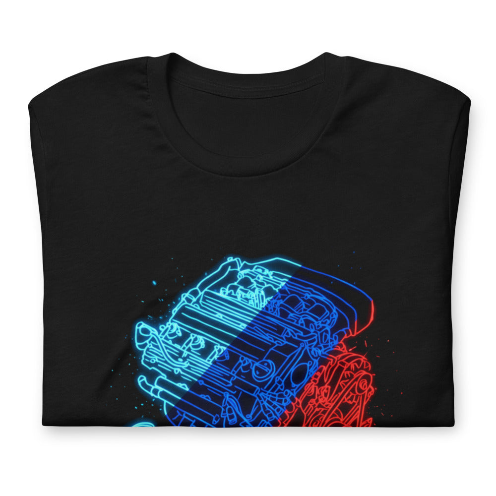 Playera Neon Car Engine Cyan Blue Red Stripes - Doblado